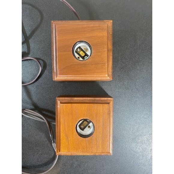 Pair of Minimalist Cube Square Wooden Block Desk Table Lamp 2 MCM WORKING - Picture 3 of 8